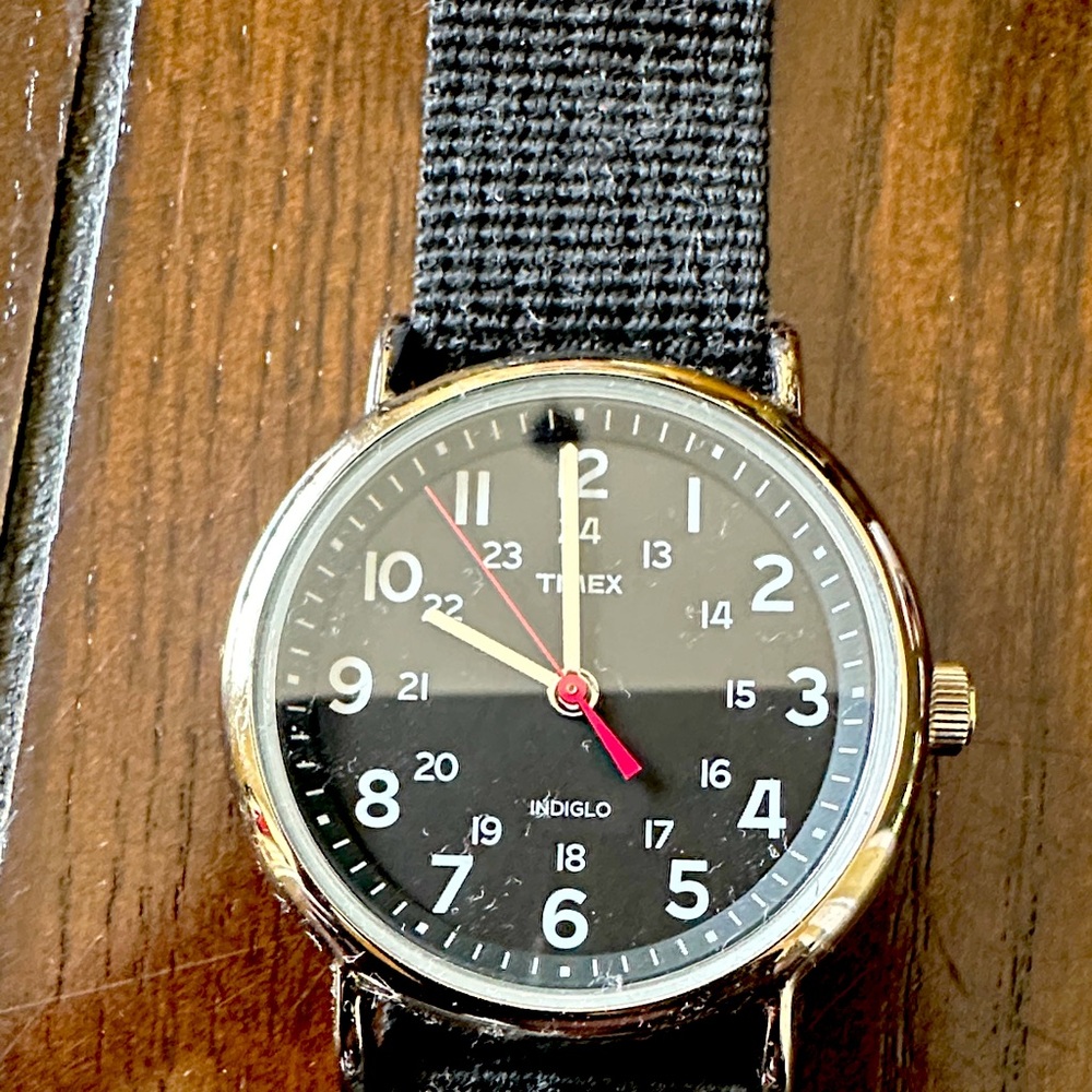 Timex Black and Silver Watch with Red Accents